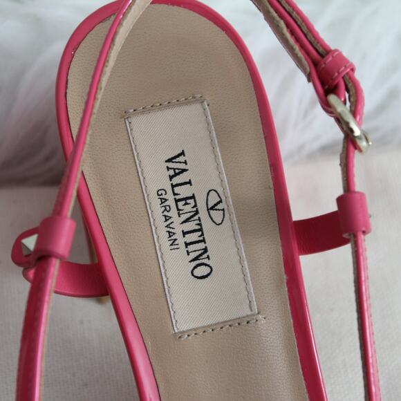 Valentino Hot Pink Patent Leather Silver V Logo Open Toe Kitten Heels - Picture 5 of 12